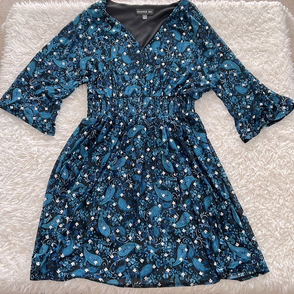 Harper 241 Blue Mid-Sleeve Dress Size Large Wedding Formal Paisley - Picture 10 of 15